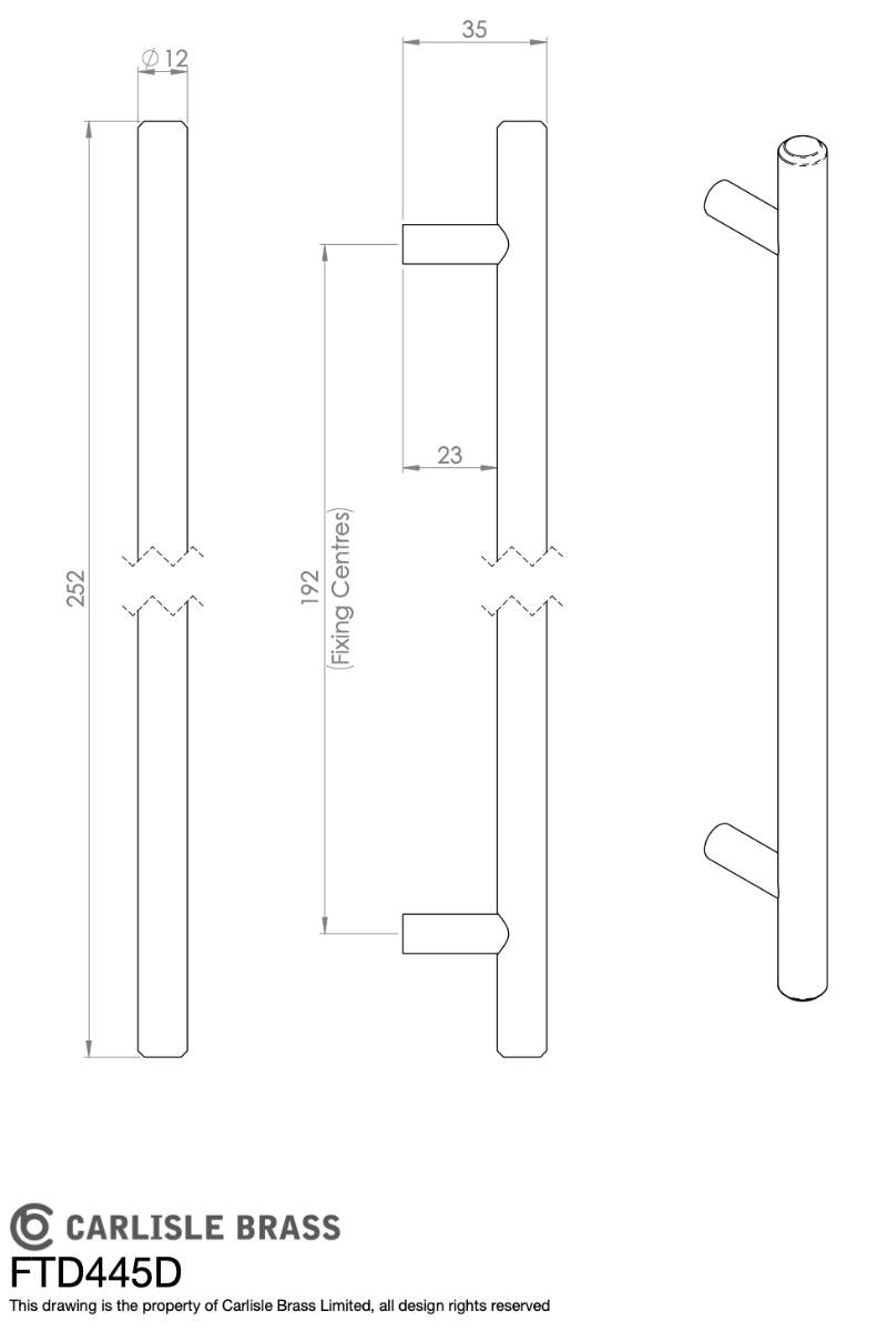 Polished Chrome Steel T Bar Cabinet Handle 192mm c/c | FTD445DCP