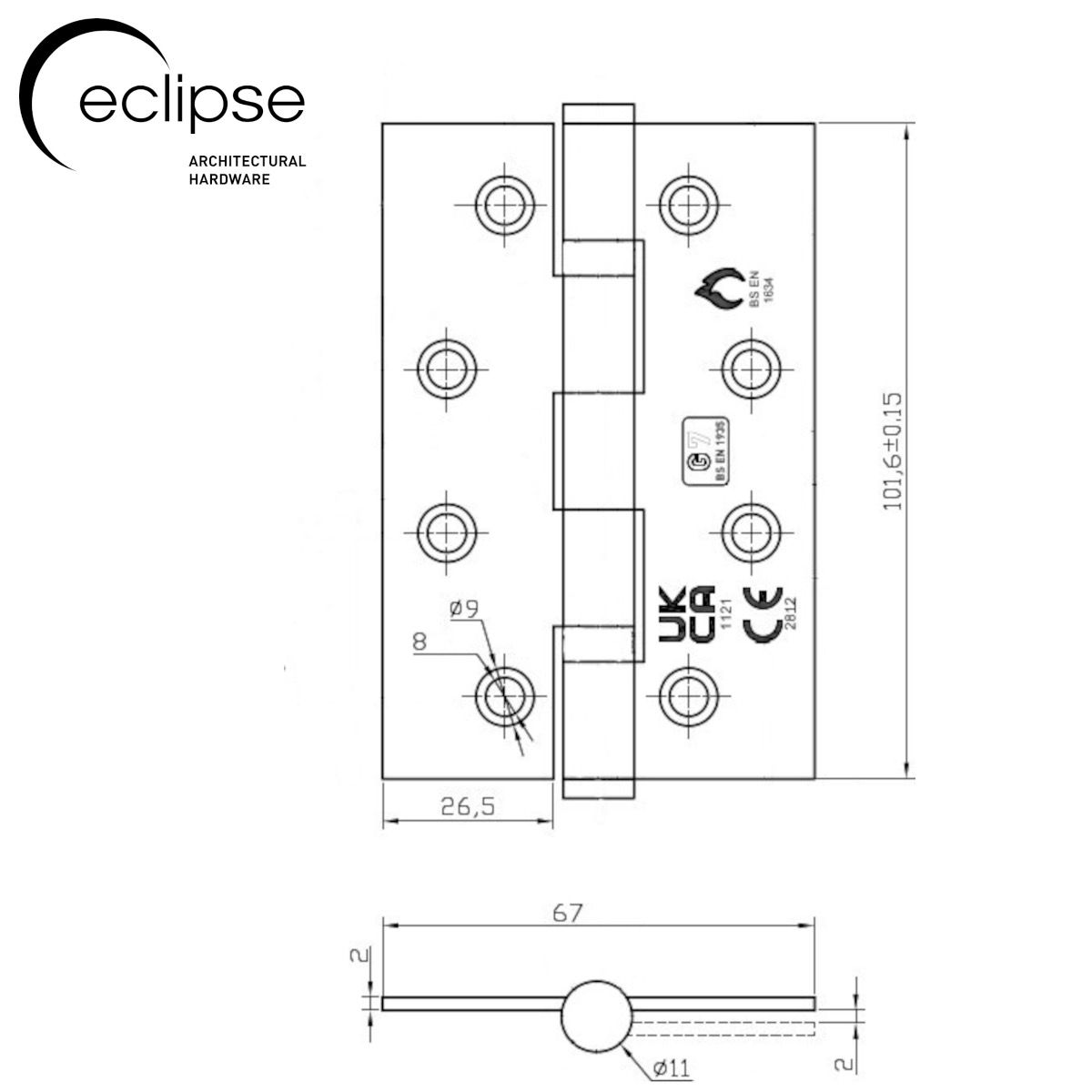 Eclipse Polished Brass 102mm (4" ) Grade 7 Slim Knuckle BB Hinges | 14341EBP