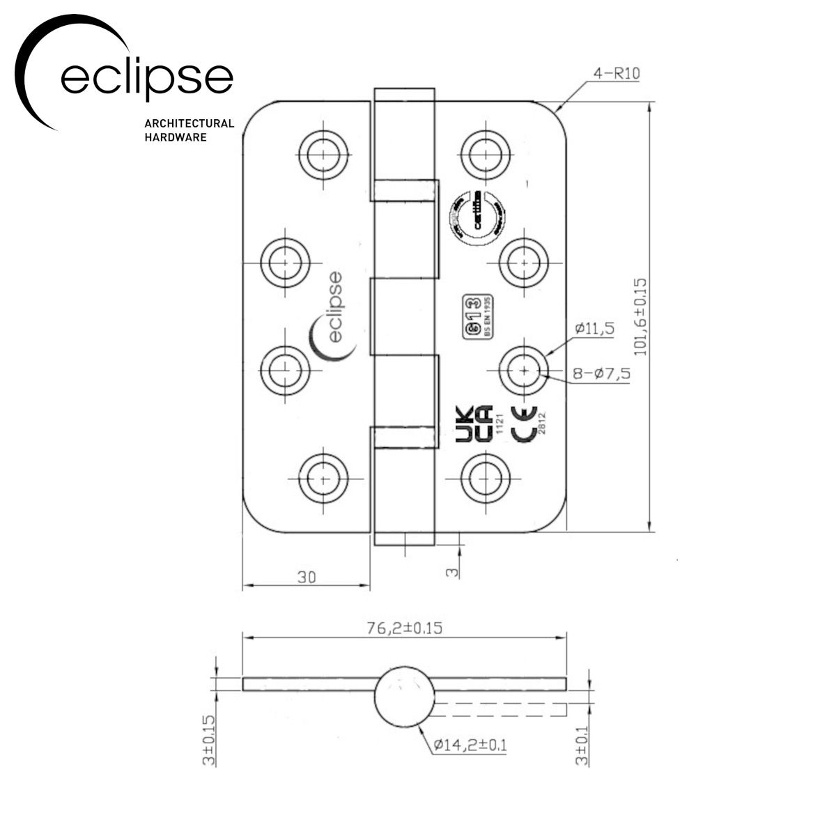 Eclipse Satin Brass 102mm 4" Grade 13 Radius BB Hinges | 14869SBP
