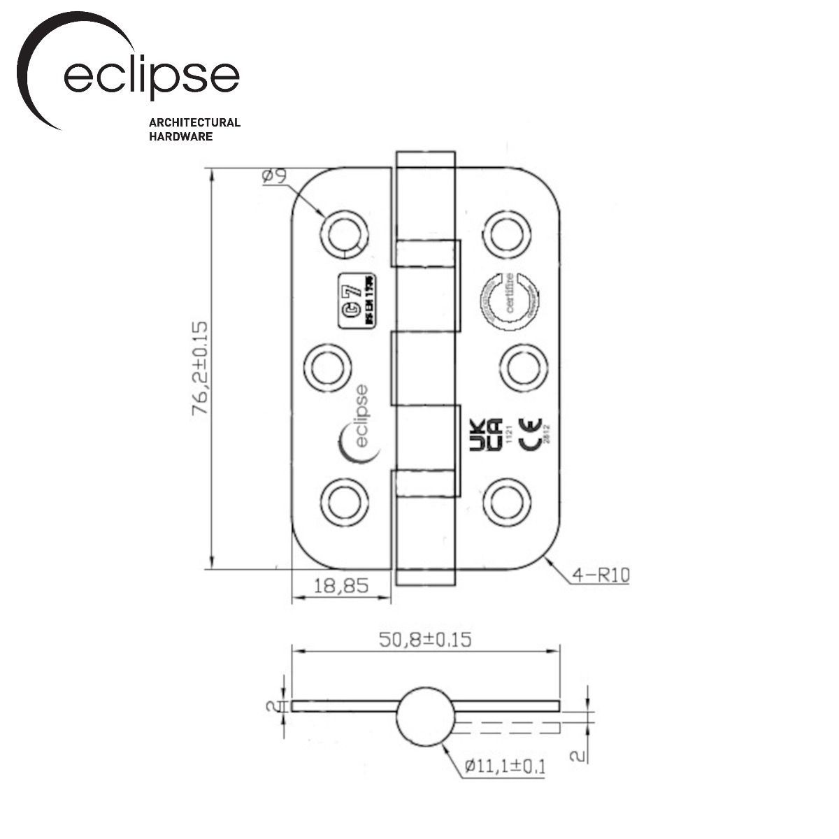 Eclipse Polished Stainless Steel 76mm Grade 7 Radius BB Hinges | 14906