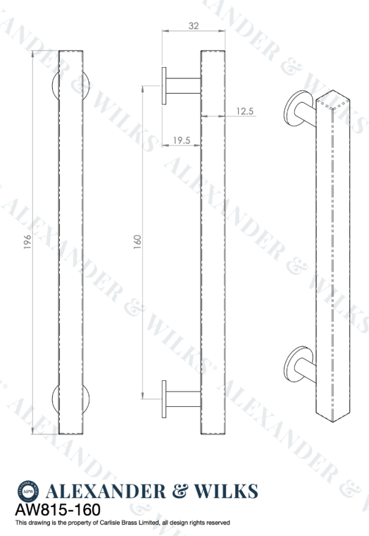 A&W Satin Nickel Square T Bar Cupboard Pull Handle c/c 160mm | AW815-160-SN