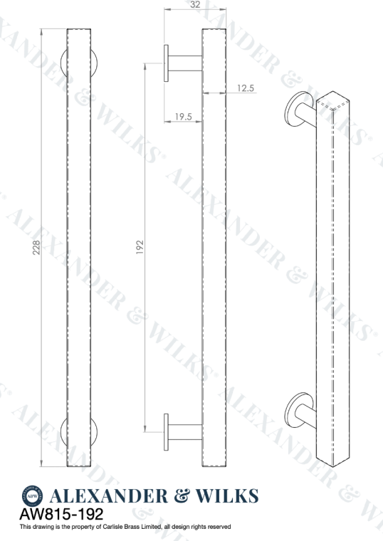 A&W Polished Nickel Square T Bar Cupboard Pull Handle c/c 192mm | AW815-192-PN