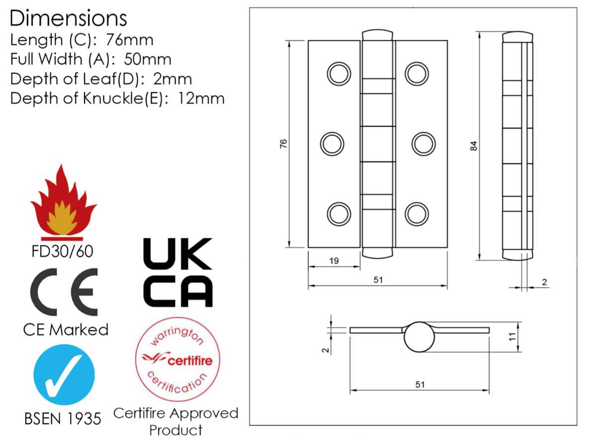 Pair 75mm (3") Polished Chrome CE Ball Butt Hinge | A2H322PC