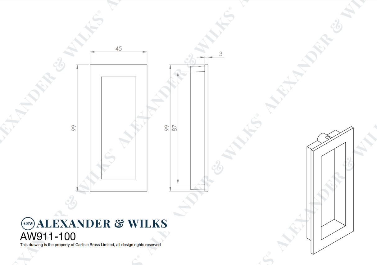 A&W Matt Black 100 x 45mm Rectangular Flush Pull | AW911-100-BL