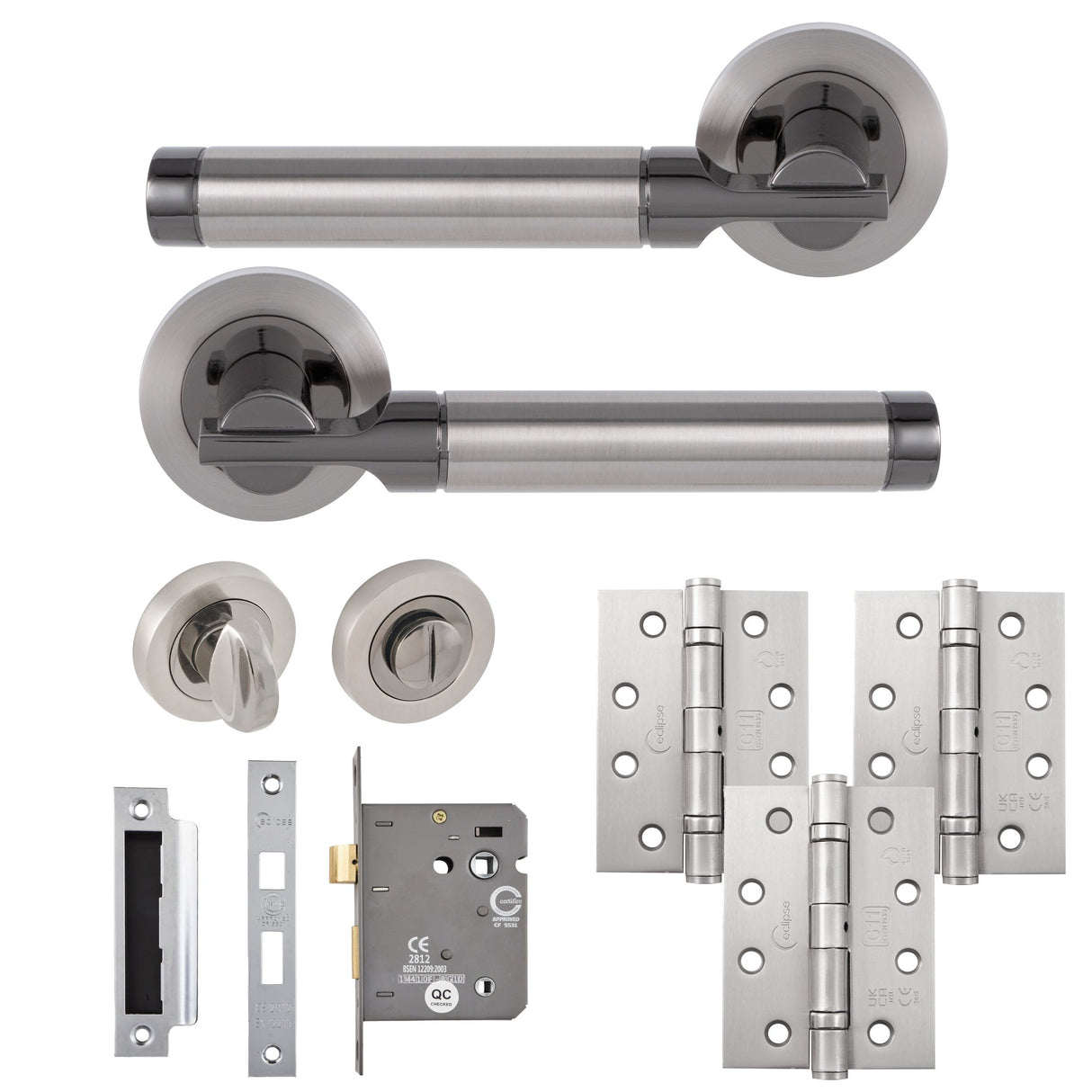 Eclipse Insignia Satin & Black Nickel Elettra Bathroom Door Pack | 102x76mm (4") Hinge | 22653