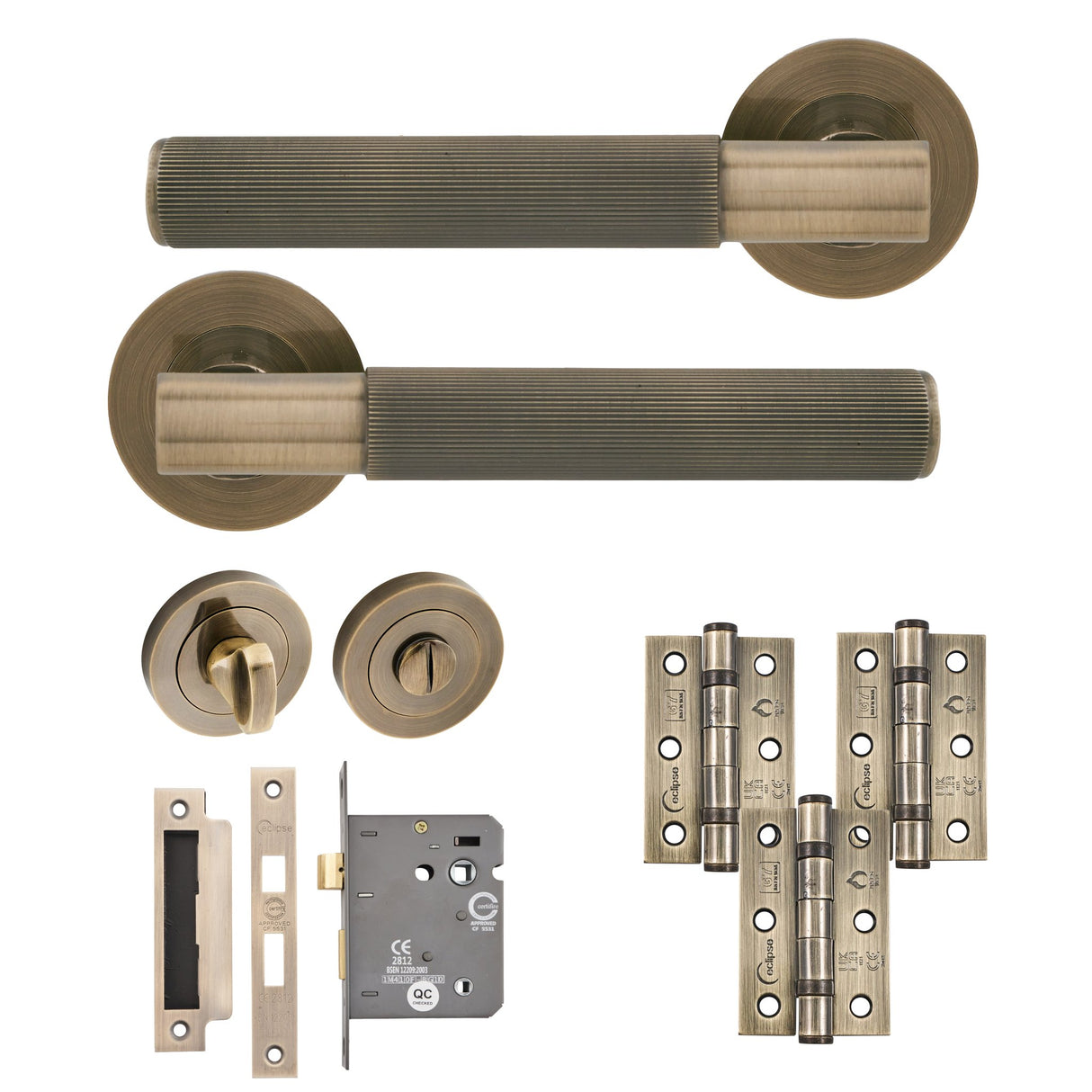 Eclipse Insignia Antique Brass Linear Bathroom Door Pack | 76x51mm (3") Hinge | 22815