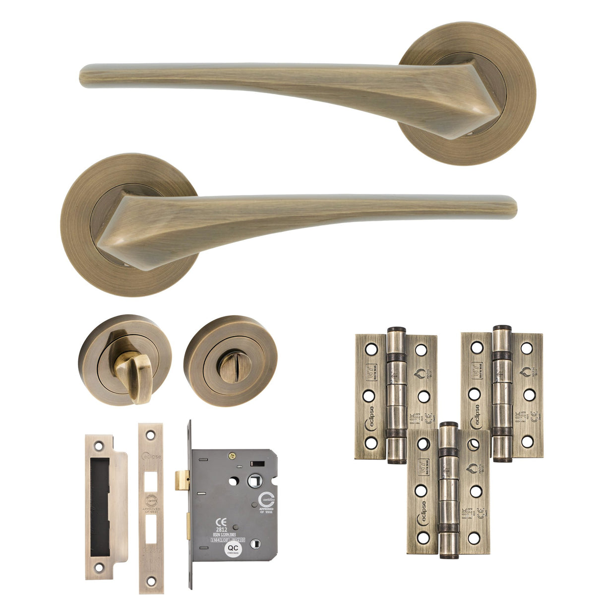 Eclipse Insignia Antique Brass Lanza Bathroom Door Pack | 76x51mm (3") Hinge | 22915