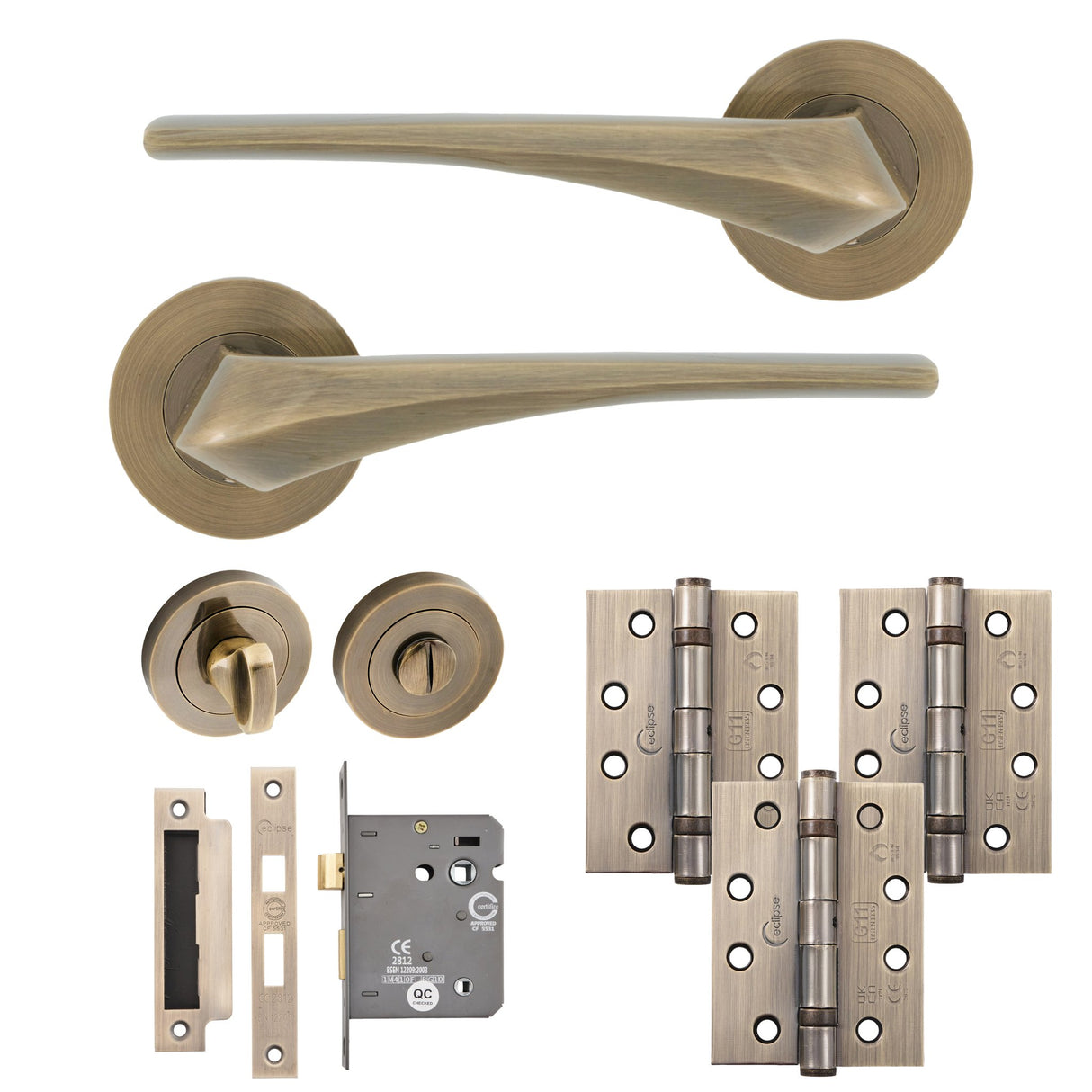 Eclipse Insignia Antique Brass Lanza Bathroom Door Pack | 102x76mm (4") Hinge | 22955