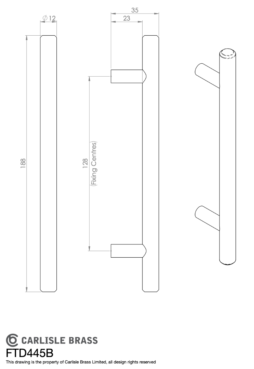 Polished Chrome Steel T Bar Cabinet Handle 128mm c/c | FTD445BCP