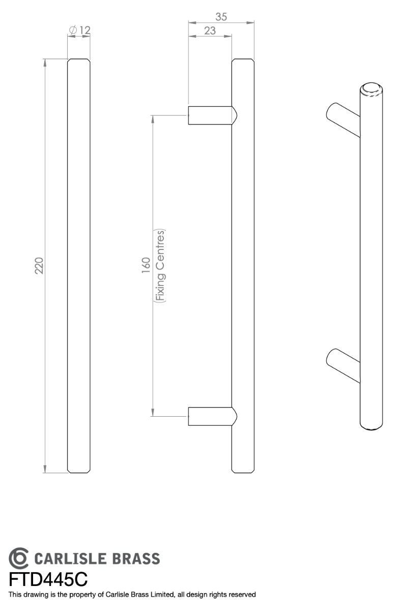 Polished Chrome Steel T Bar Cabinet Handle 160mm c/c | FTD445CCP