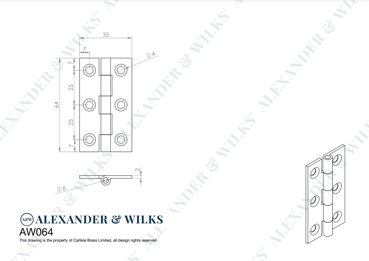 Pair Polished Nickel 64mm Cabinet Butt Hinge | AW064-CH-PN