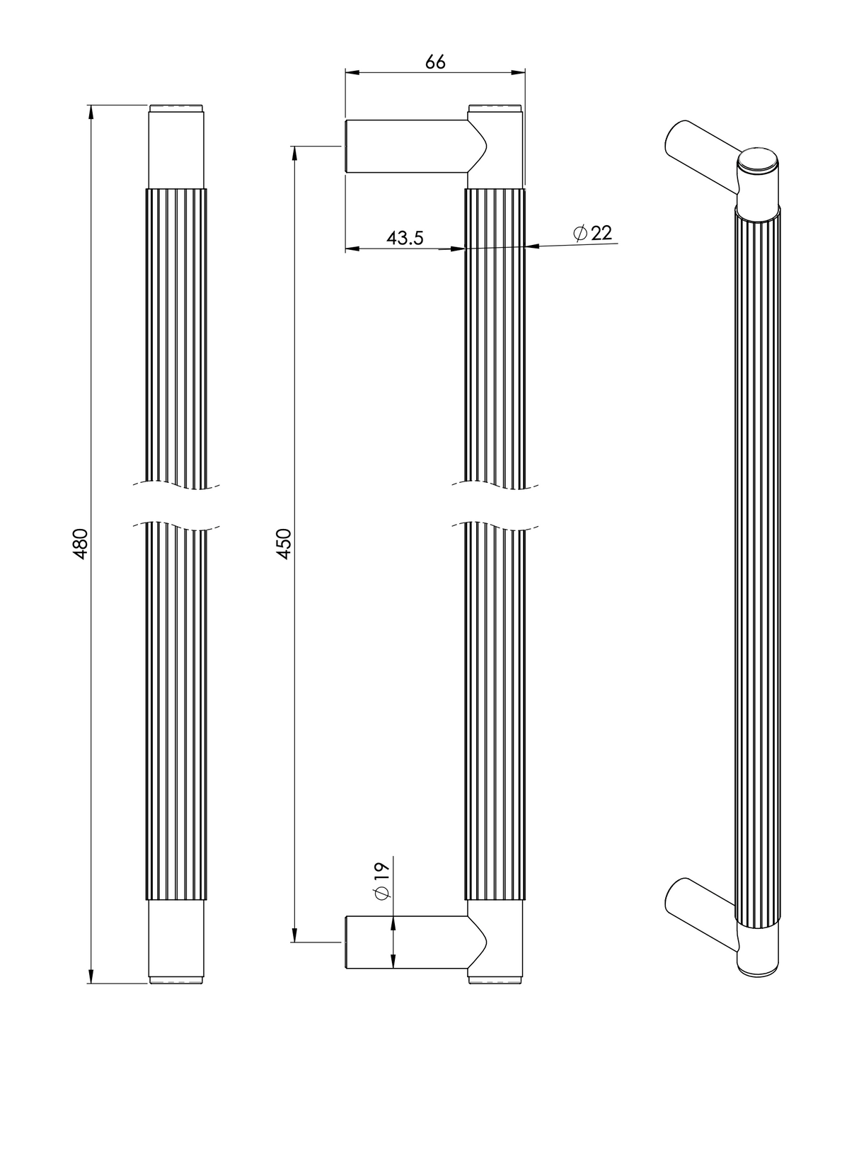 Satin Brass PVD Spitfire Reeded Pull Handle | AW502-450-SBPVD