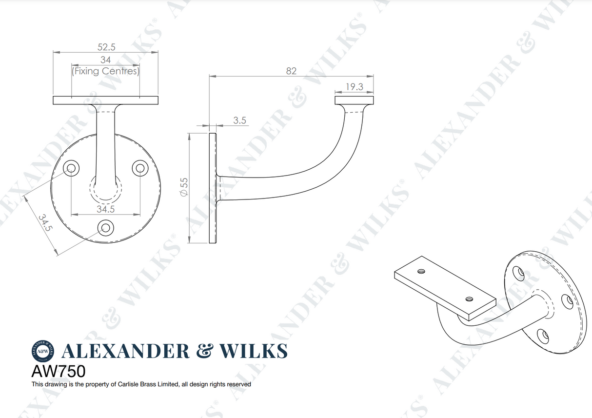 Alexander and Wilks 80mm Antique Brass Handrail Bracket | AW750AB