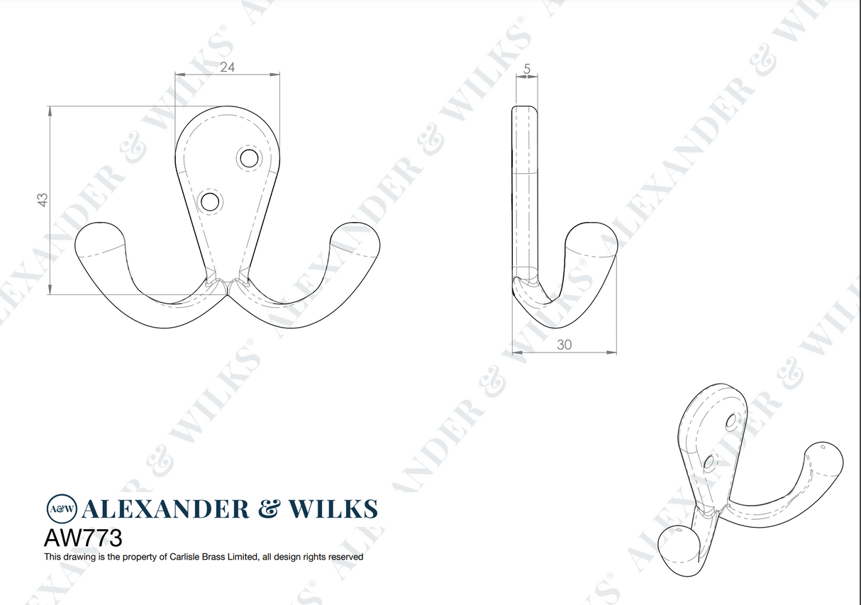 Alexander & Wilks Satin Brass Victorian Double Robe Hook | AW773SB