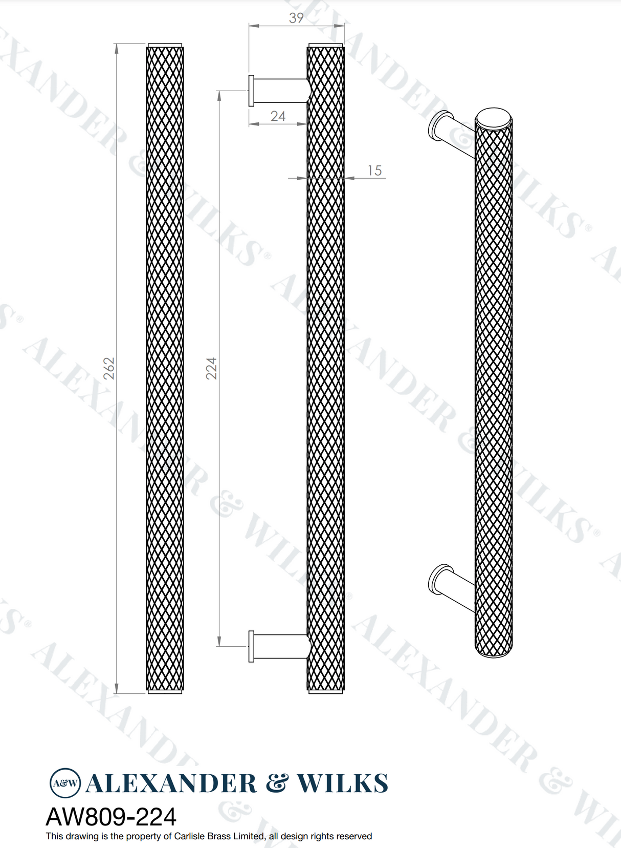 A&W Crispin Antique Brass Knurled T Bar Pull Handle c/c 224mm