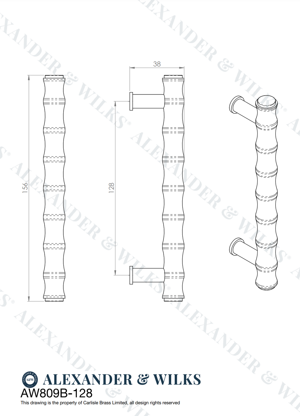 A&W Satin Brass Bamboo T Bar Pull Handle c/c 128mm AW809B-128-SBPVD