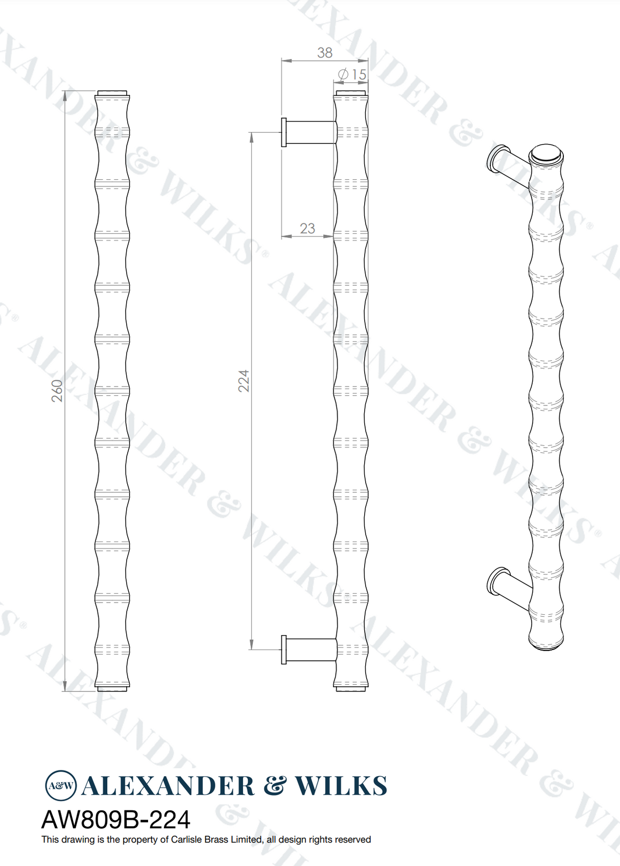 A&W Dark Bronze PVD Bamboo T Bar Pull Handle c/c 224mm AW809B-224-DBPVD
