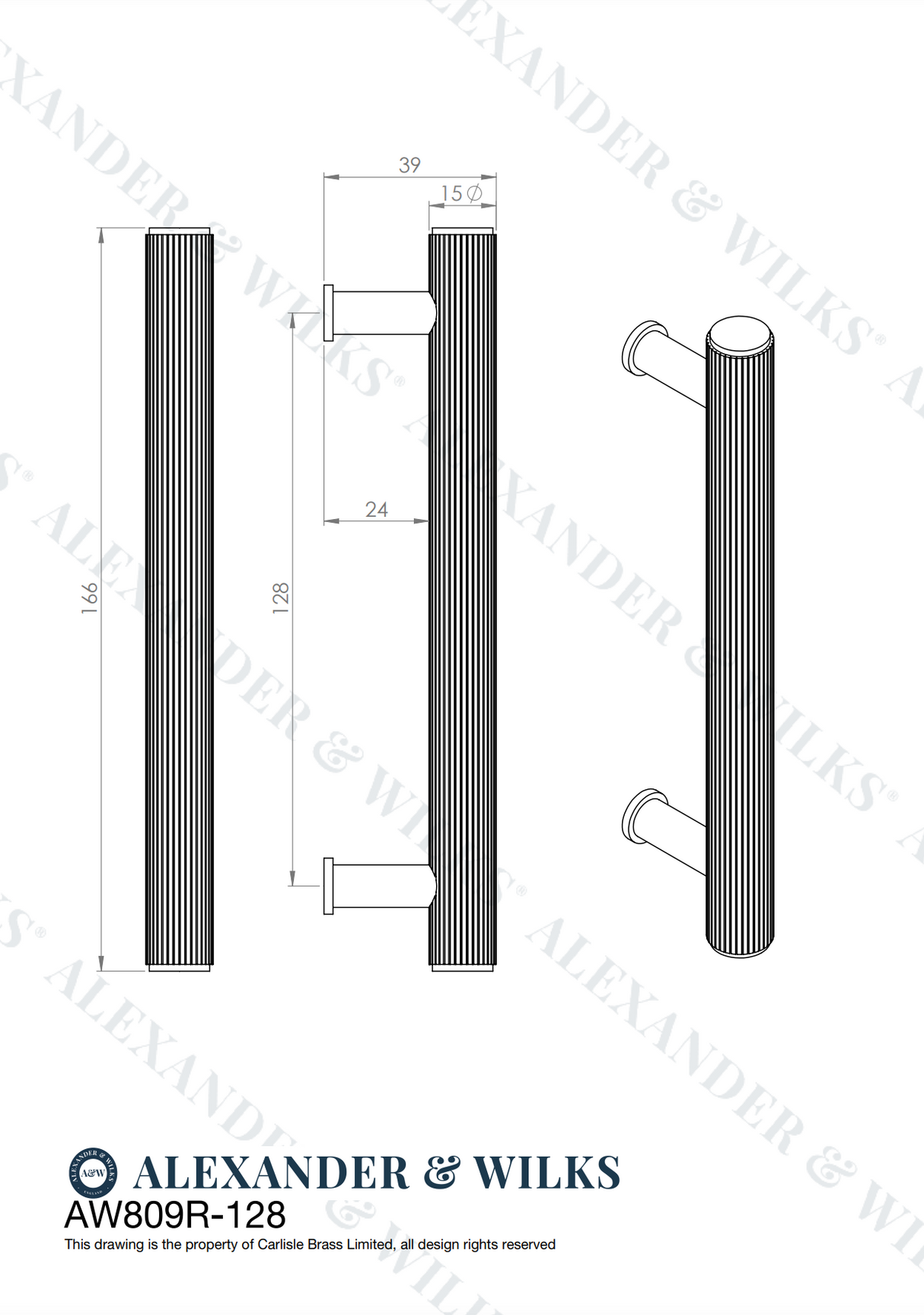 A&W Antique Brass Crispin Reeded Line T Bar Pull Handle c/c 128mm | AW809R-128-AB