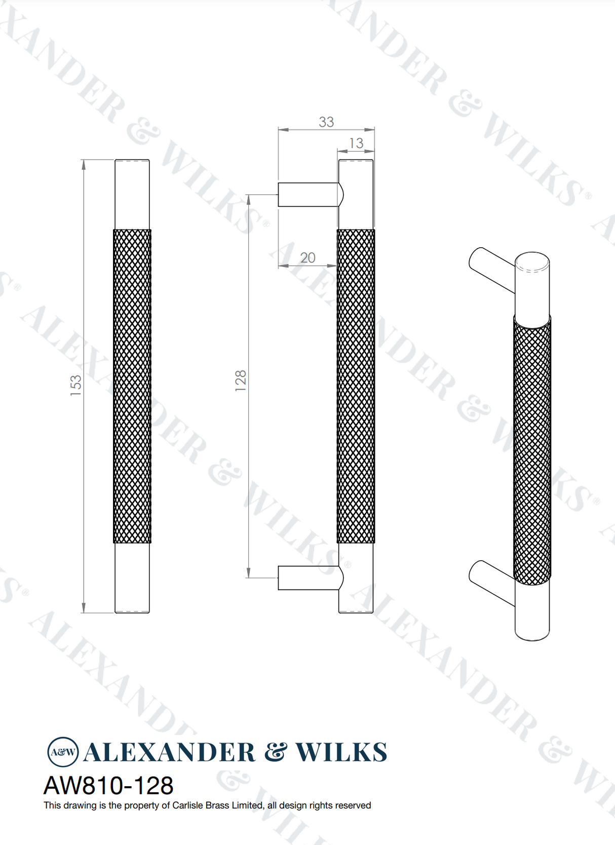 A&W Dark Bronze PVD Brunel Knurled T Bar Pull Handle c/c 128mm
