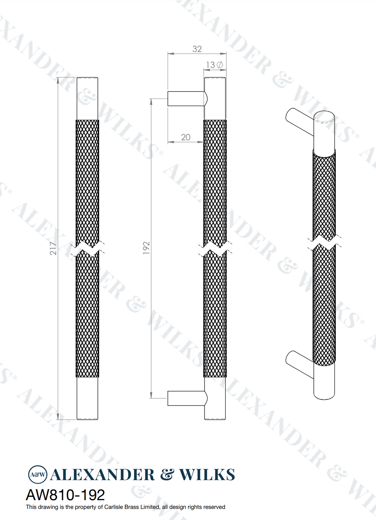 A&W Antique Brass Brunel Knurled T Bar Pull Handle c/c 192mm