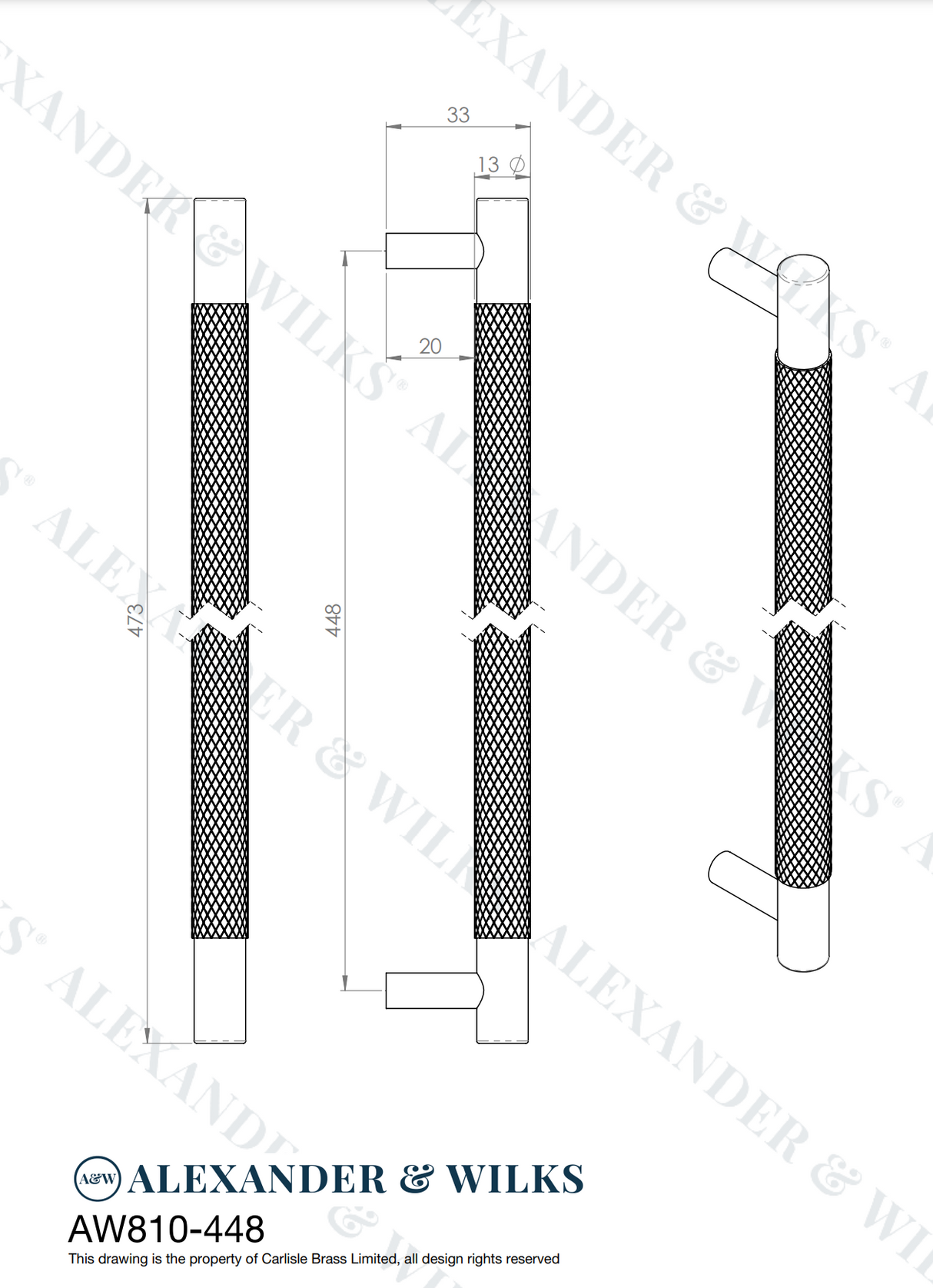A&W Antique Brass Brunel Knurled T Bar Pull Handle c/c 448mm