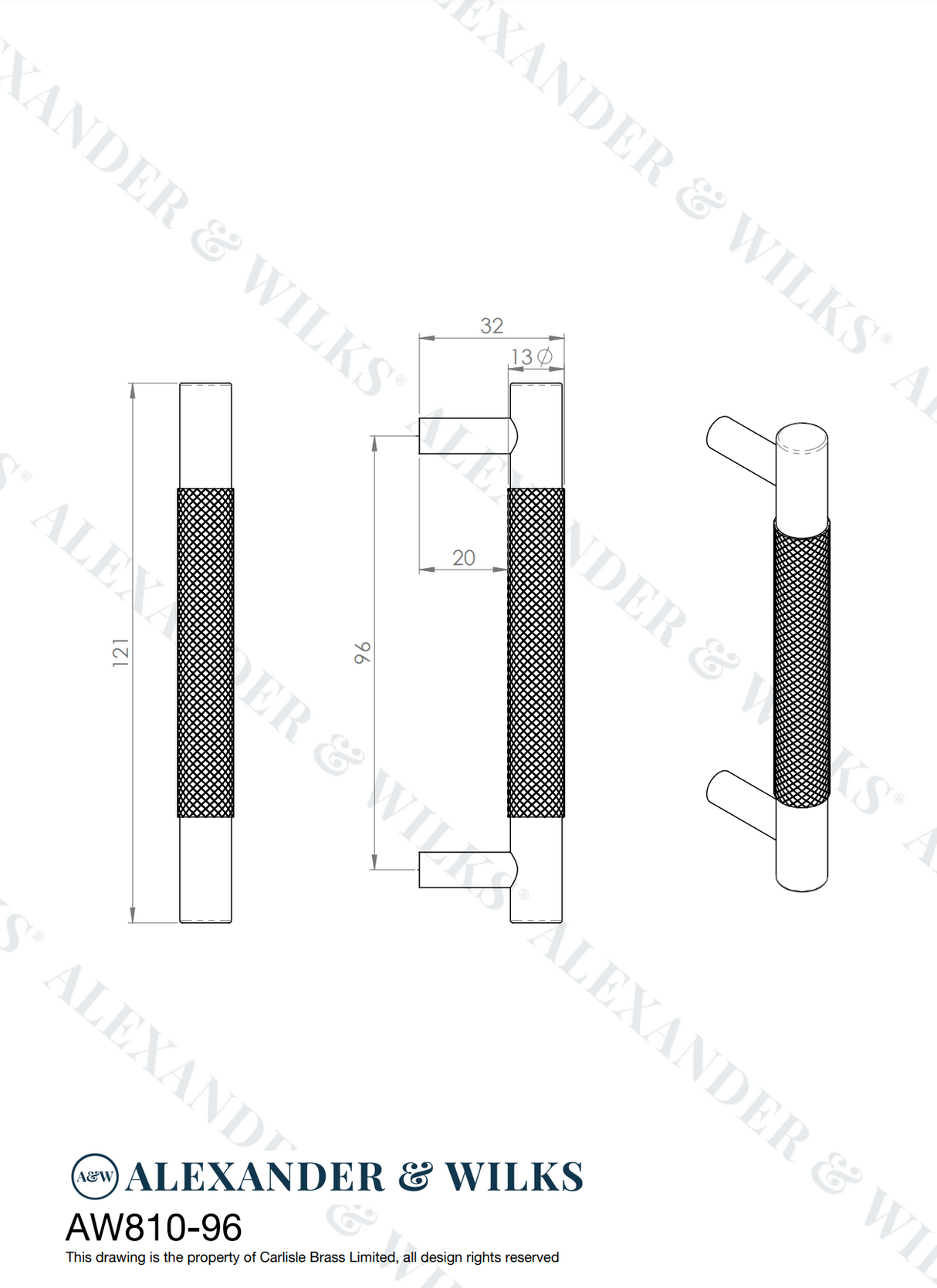 A&W Antique Brass Brunel Knurled T Bar Pull Handle c/c 96mm