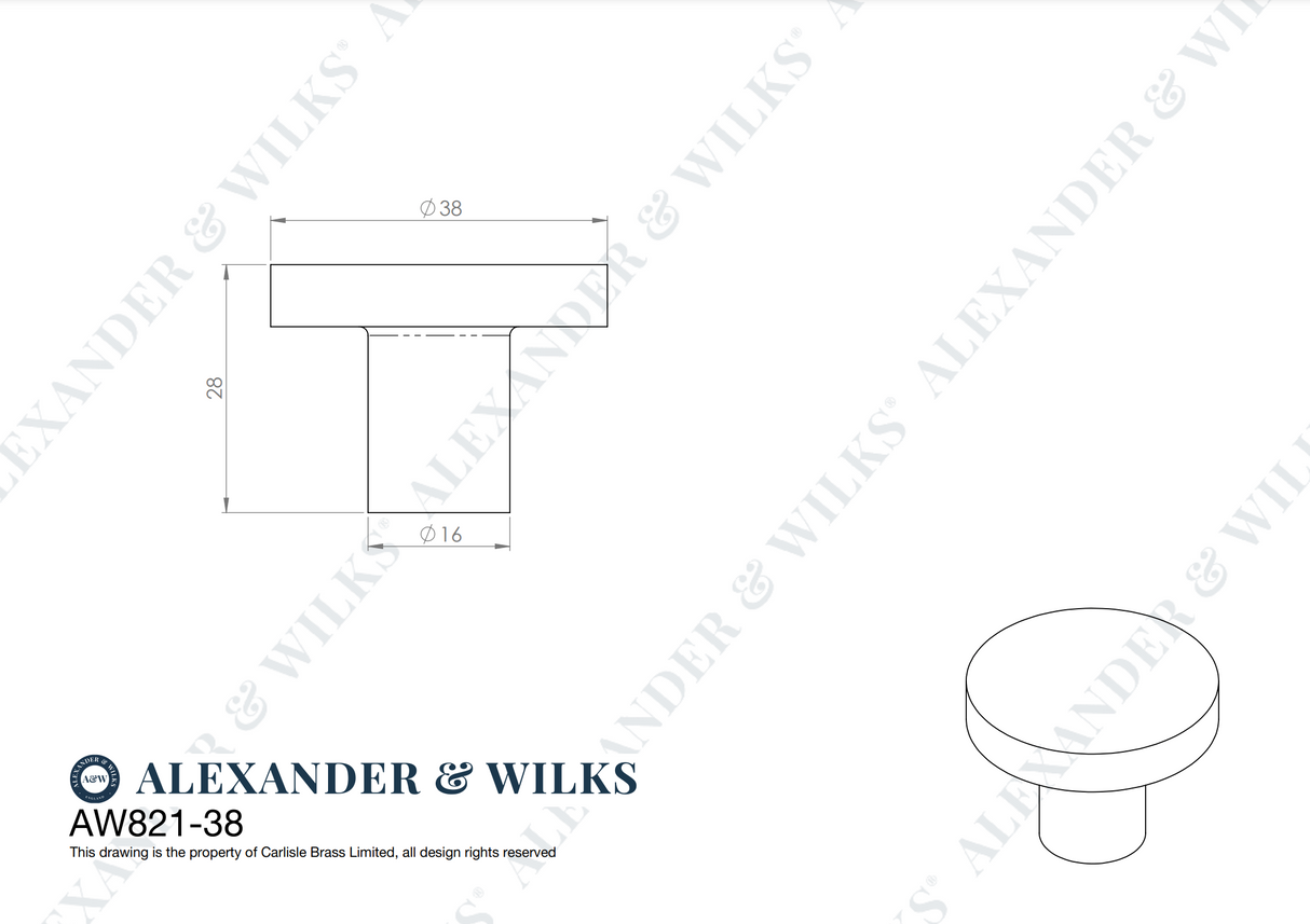 Alexander & Wilks Antique Brass 38mm Hanover Plain Cupboard Knob