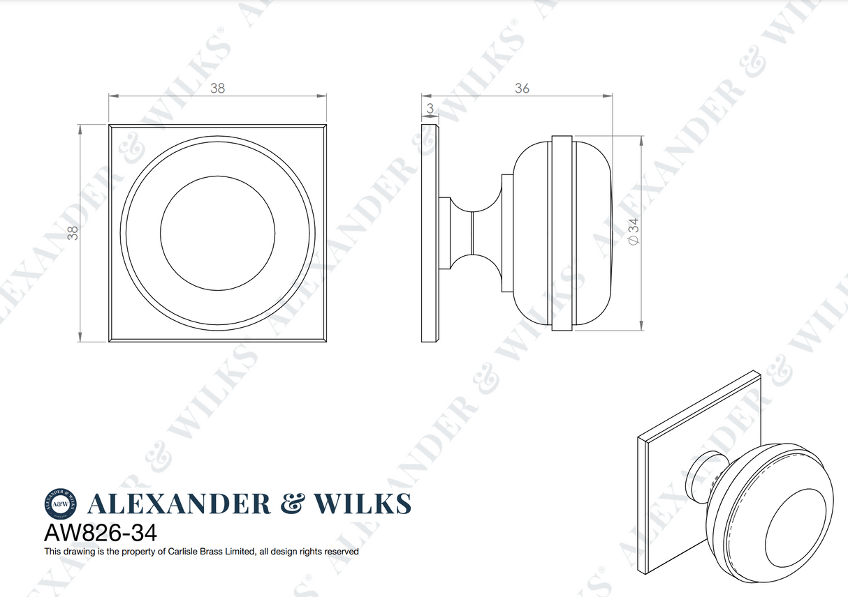 Alexander and Wilks 34mm Quantock Satin Brass Cupboard Knob on Square Backplate