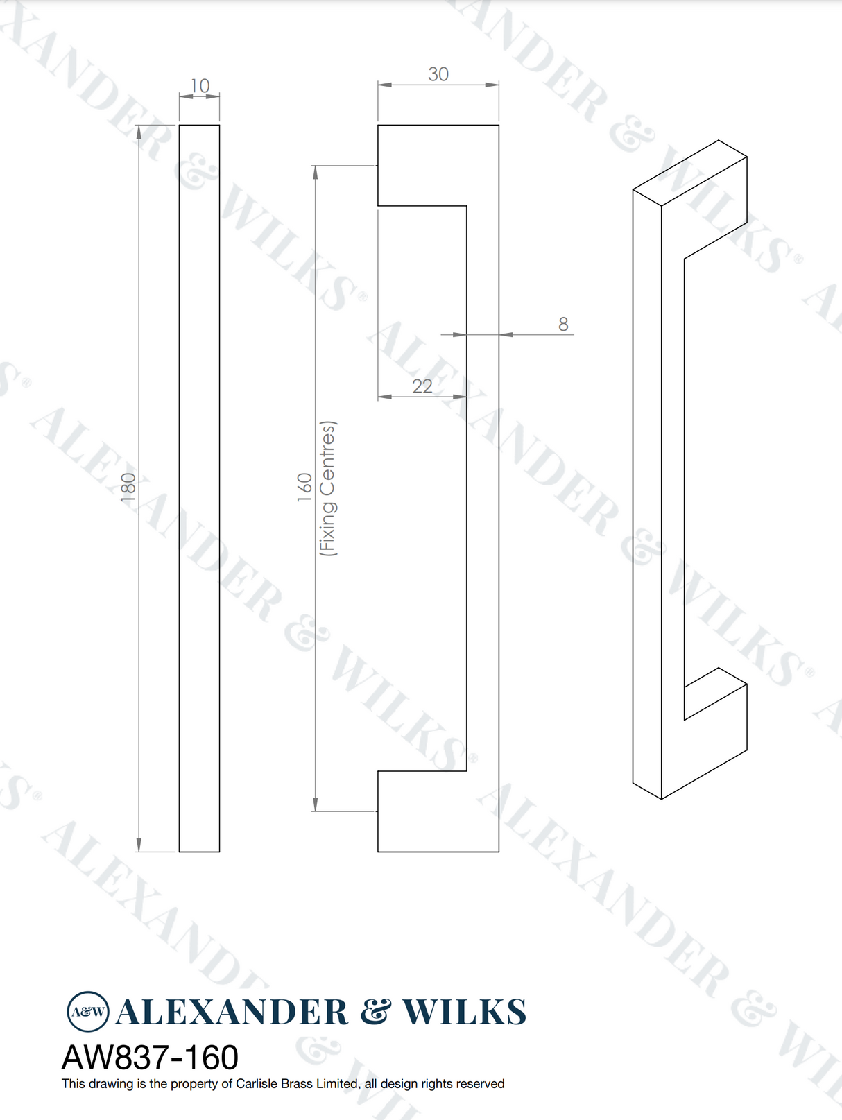 A&W Satin Brass Marco Cupboard Pull Handle c/c 160mm | AW837-160-SB