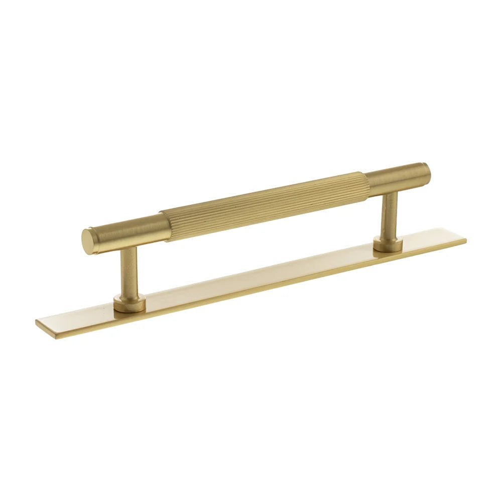 Millhouse Brass Satin Brass 128mm Battersea Linear T-Bar Cabinet Pull Handle on Backplate | MHCLB17128SB