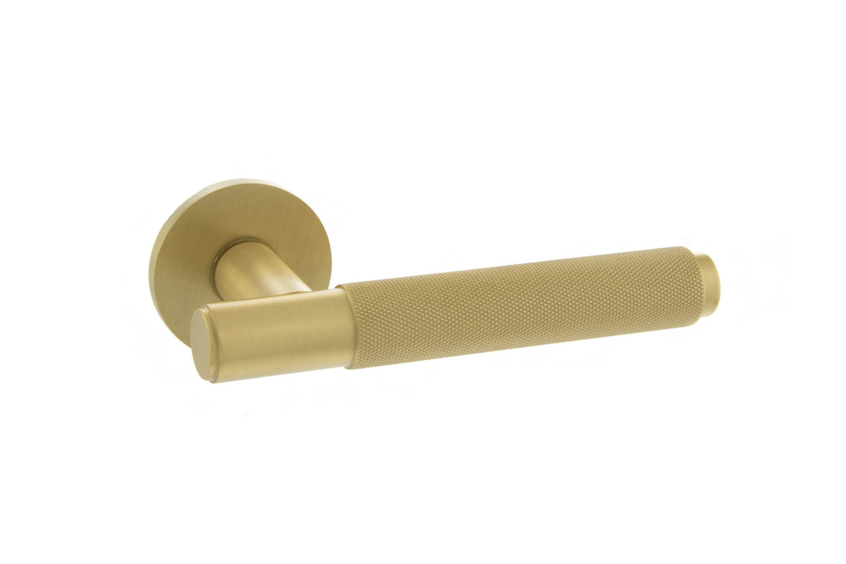 Set Millhouse Satin Brass Crompton Knurled Lever on 5mm rose| MHSR100SB