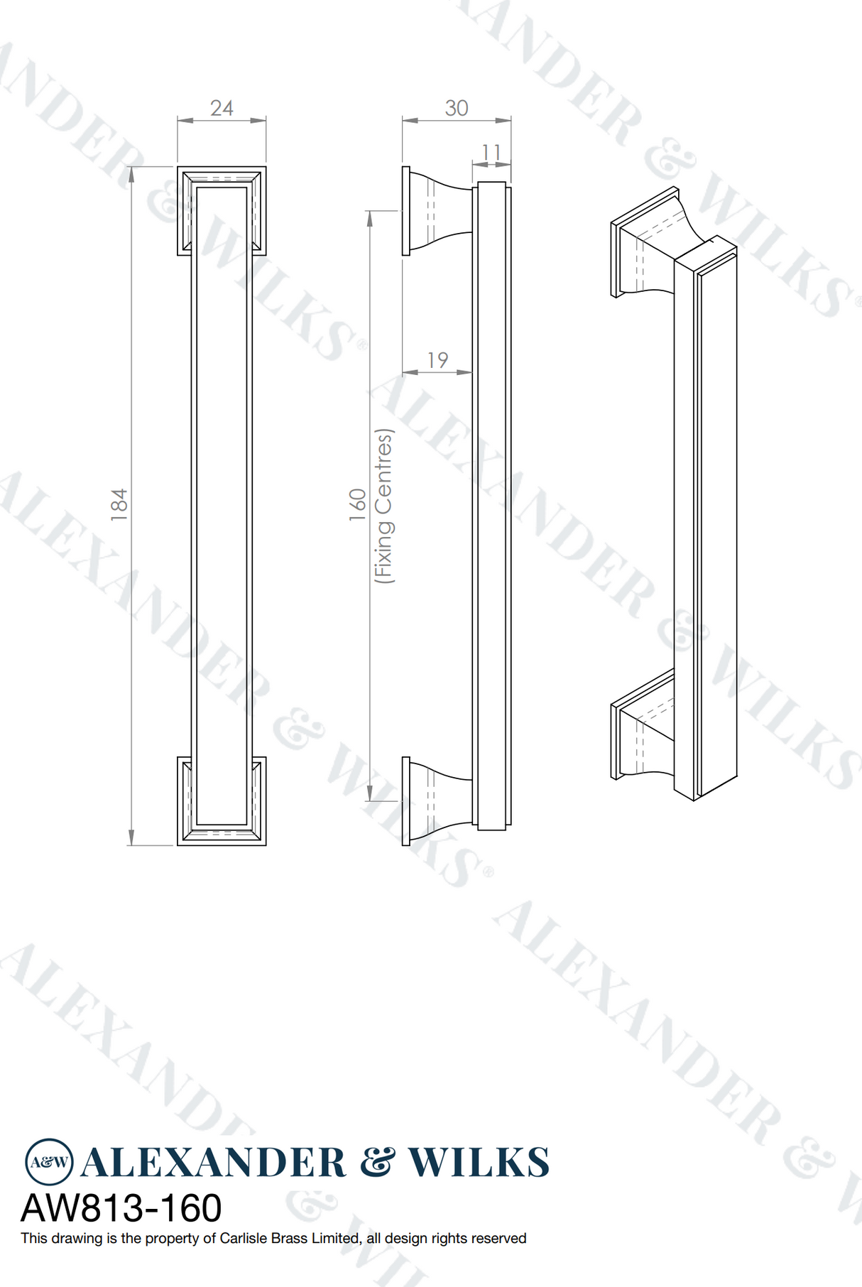 A&W Polished Chrome Jesper Square Cupboard Pull Handle c/c 160mm AW813-160-PC