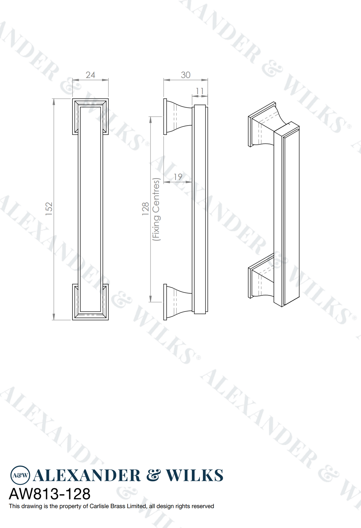 A&W Polished Chrome Jesper Square Cupboard Pull Handle c/c 128mm AW813-128-PC