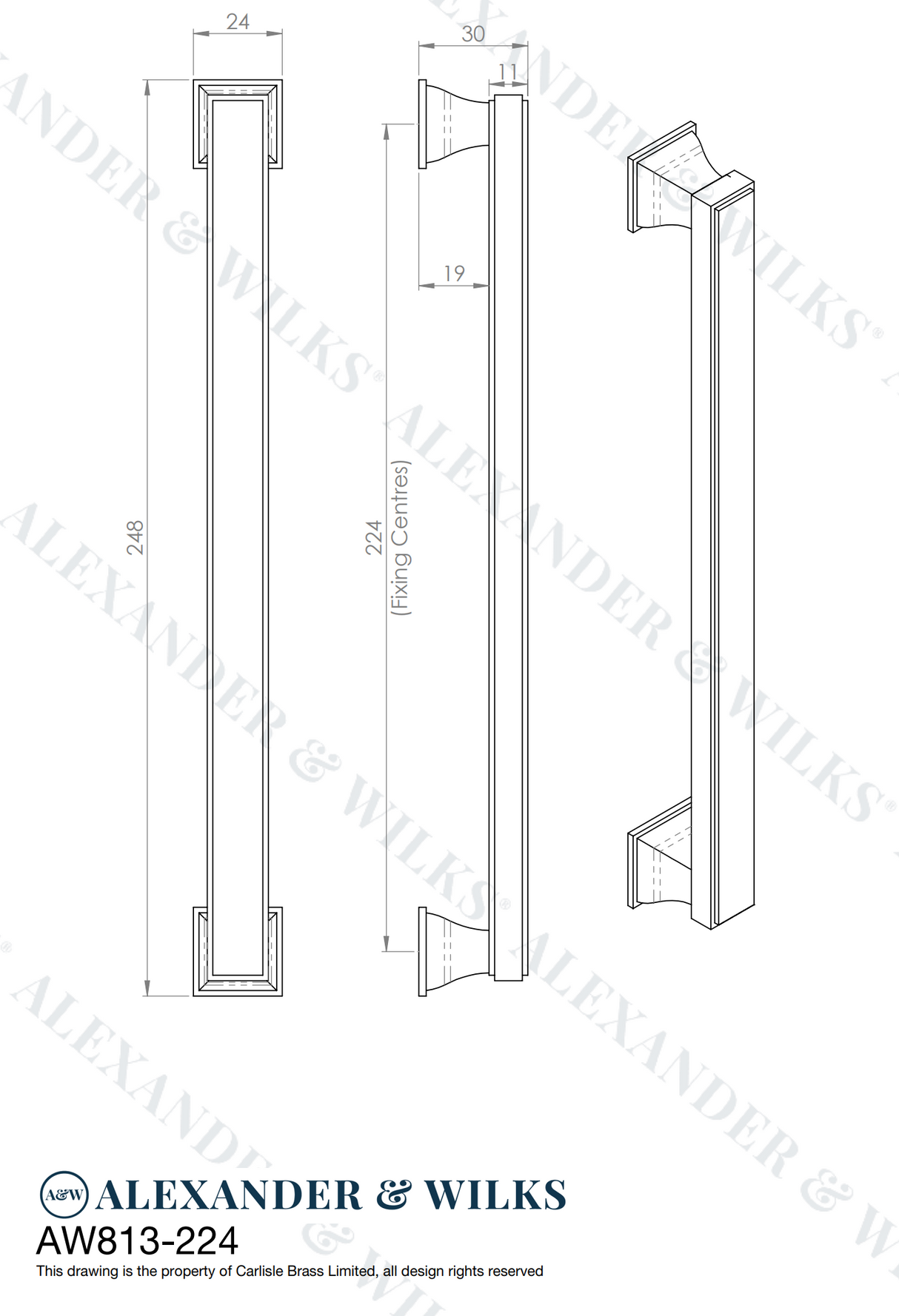 A&W Satin Brass PVD Jesper Square Cupboard Pull Handle c/c 224mm AW813-224-SBPVD