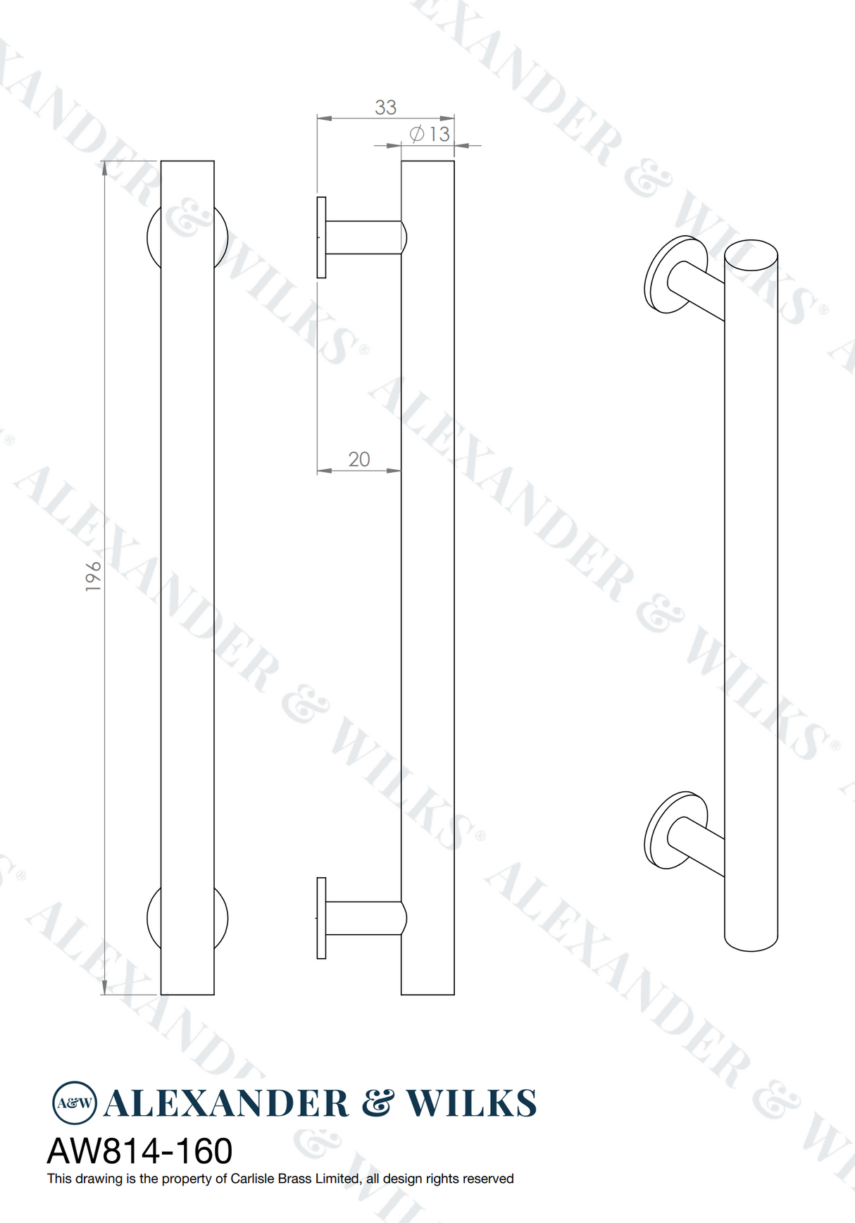 A&W Antique Brass Round T Bar Cupboard Pull Handle c/c 160mm | AW814-160-AB