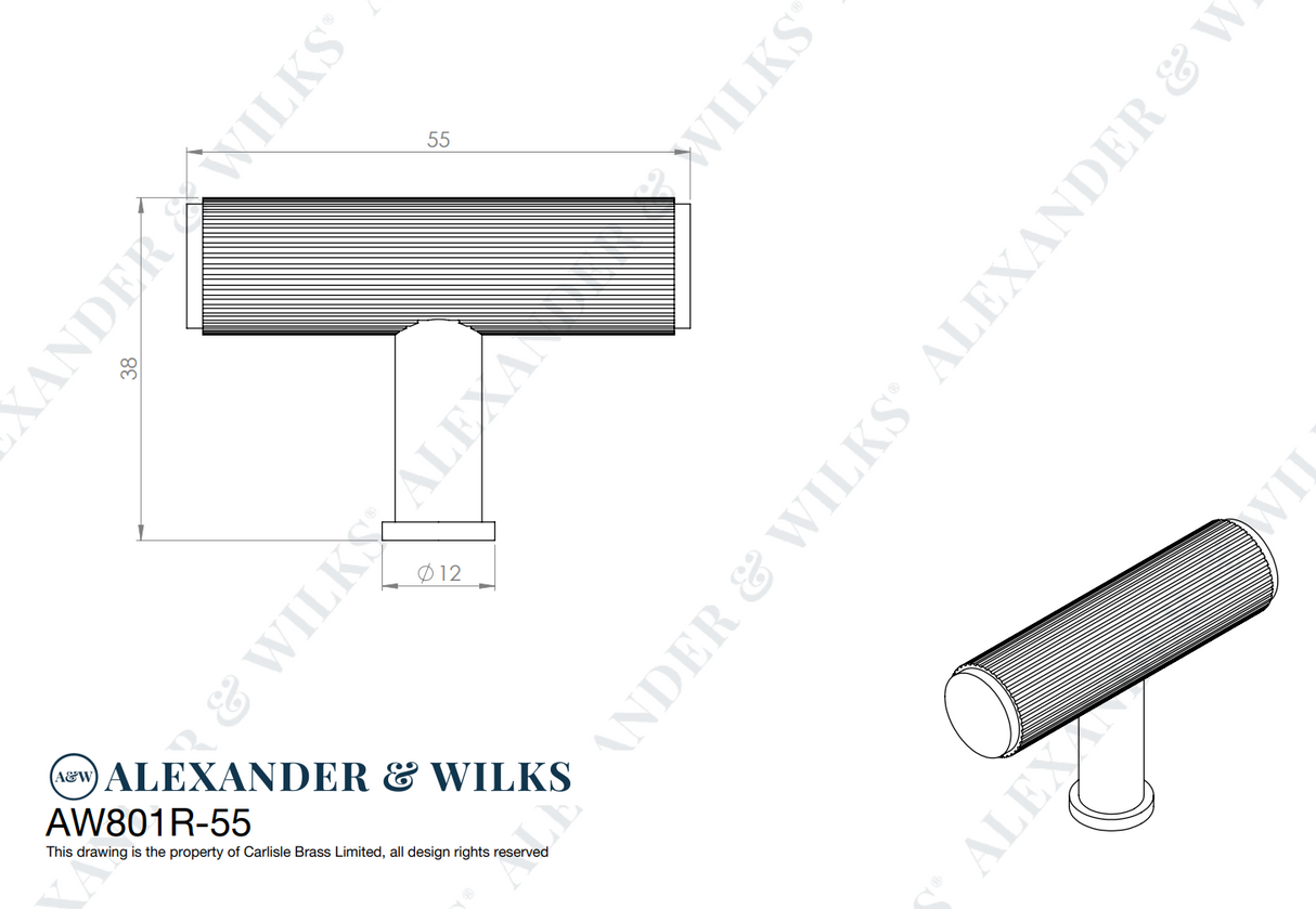 A&W Satin Nickel Crispin Reeded Line T Bar Cupboard Knob | AW801R-55-SN