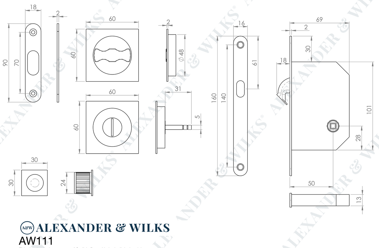 AW Satin Nickel Square Sliding Door Locking Kit | AW111RSN
