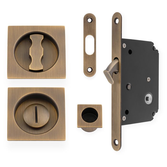 AW Antique Brass Square Sliding Door Locking Kit | AW111RAB