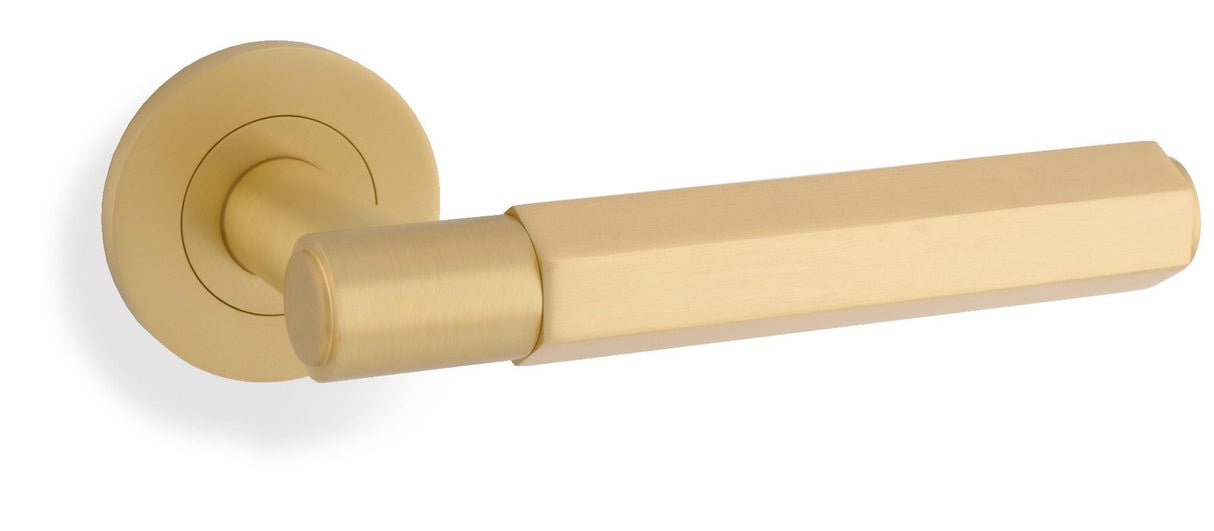 Alexander & Wilks Satin Brass Spitfire Lever Hexagonal Cut on rose | AW224SBPVD