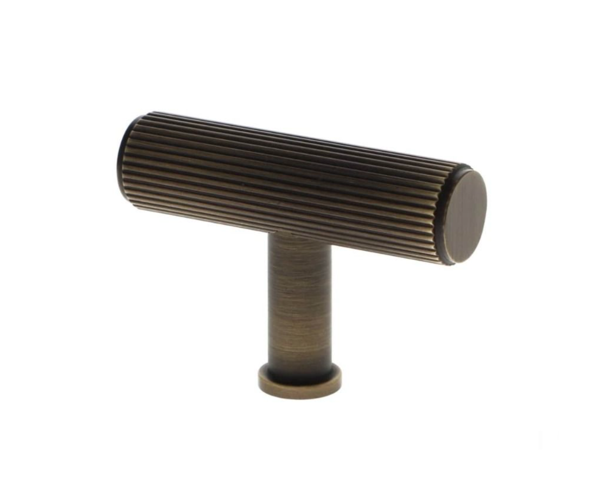 A&W Antique Brass Crispin Reeded Line T Bar Cupboard Knob | AW801R-55-AB