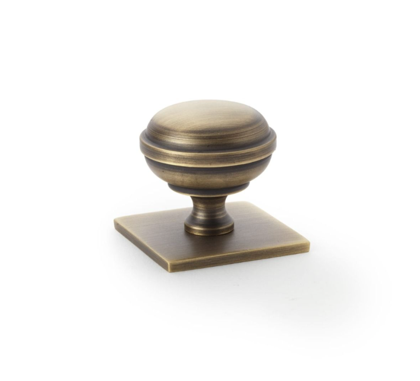 Alexander and Wilks 34mm Quantock Antique Brass Cupboard Knob on Square Backplate
