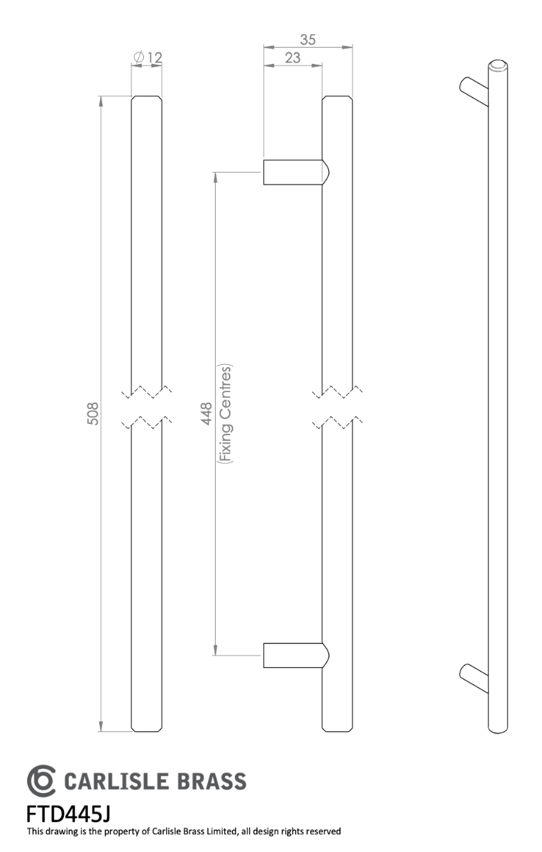 Polished Chrome Steel T Bar Cabinet Handle 448mm c/c | FTD445JCP