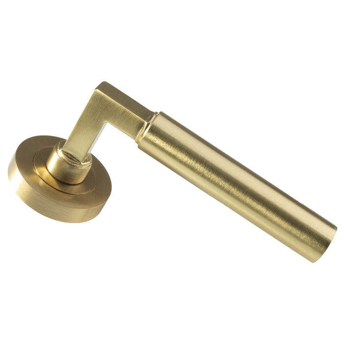 Set Satin Brass Amiata Lever Furniture on round rose | EUL040SB