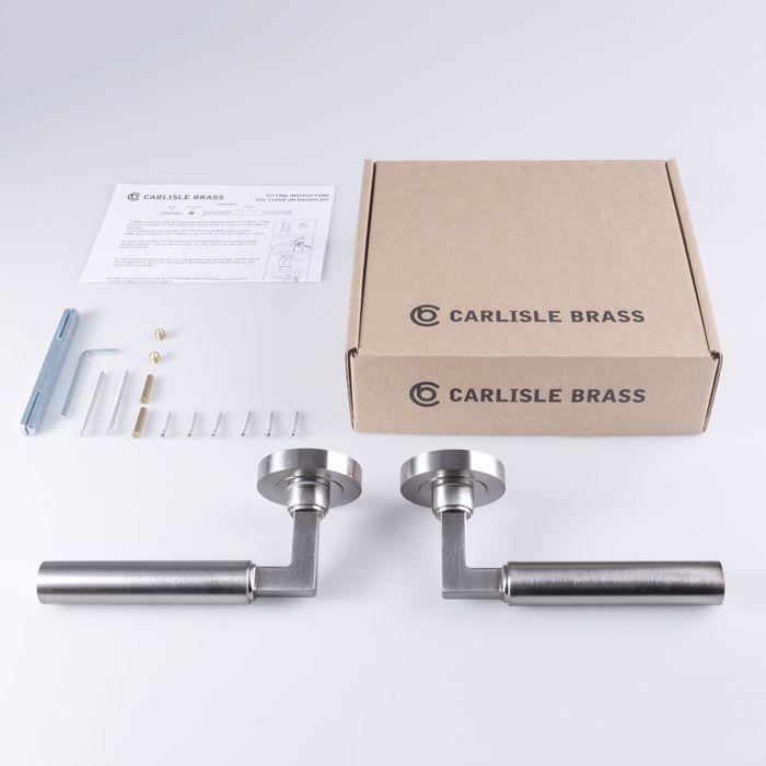 Set Satin Nickel Amiata Lever Furniture on round rose | EUL040SN