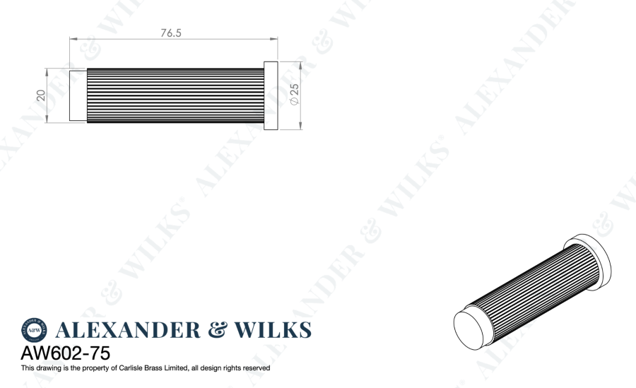 Alexander & Wilks Satin Brass 75mm Reeded Projection Door Stop | AW602-75-SBPVD