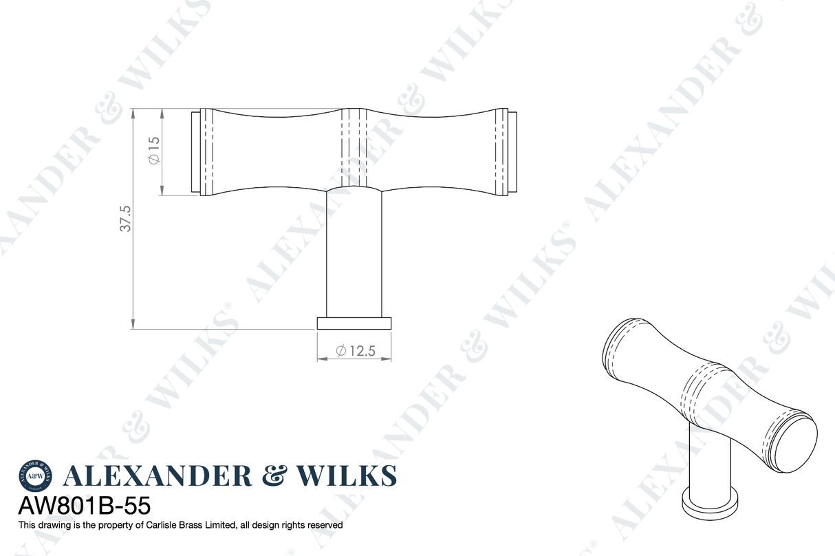 Alexander and Wilks Satin Brass PVD Bamboo T Bar Cupboard Knob