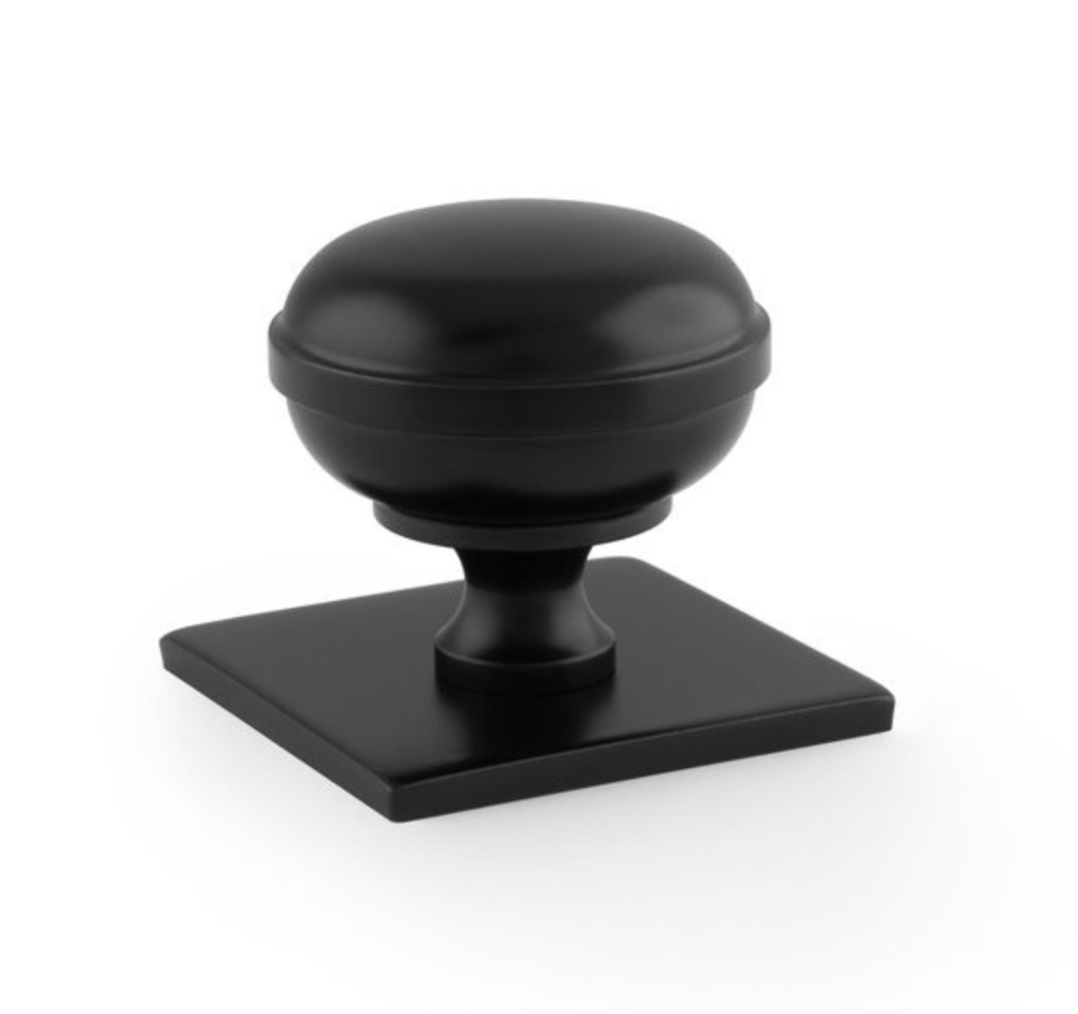 Alexander and Wilks 38mm Quantock Matt Black Cupboard Knob on Square Backplate