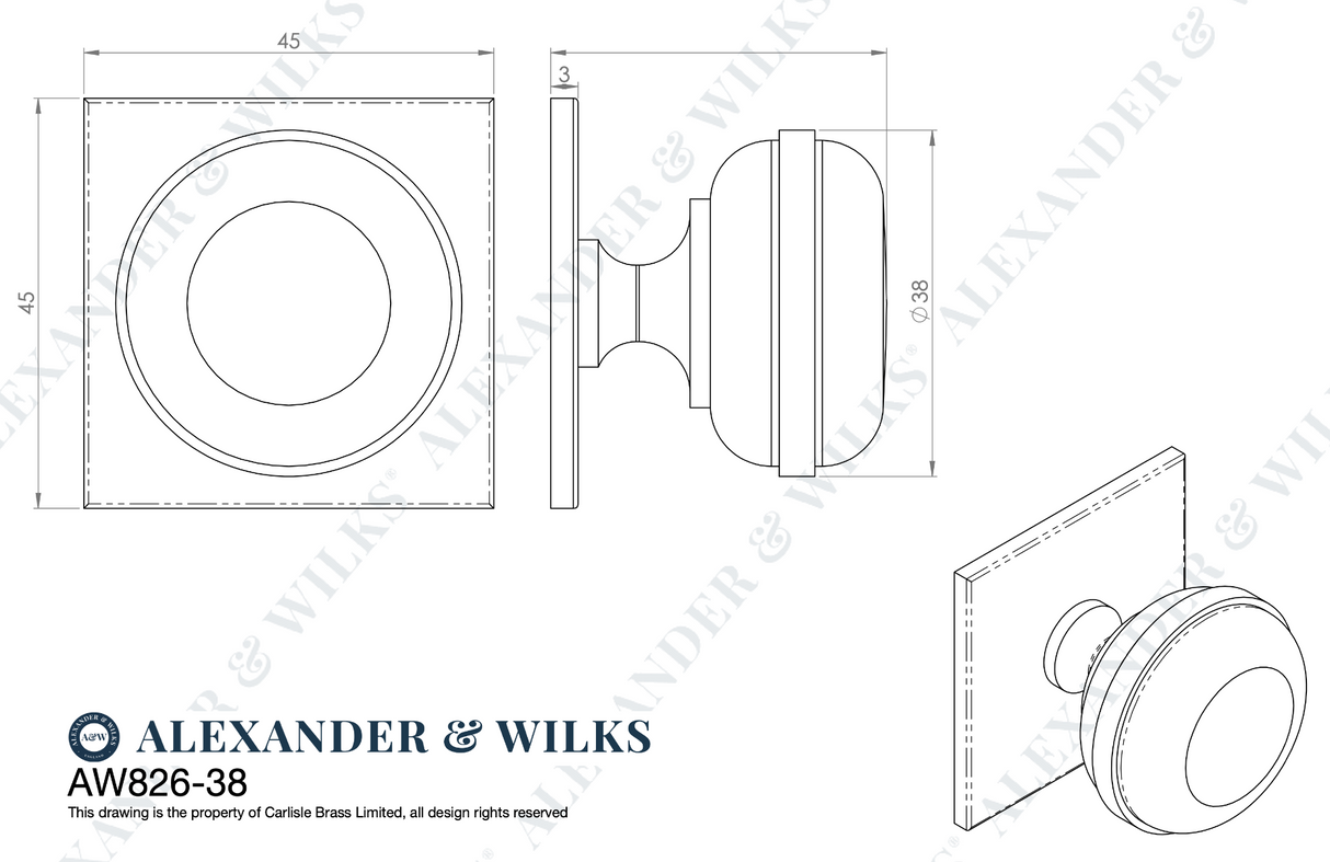 Alexander and Wilks 38mm Quantock Matt Black Cupboard Knob on Square Backplate