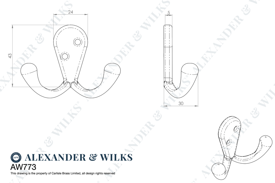 Alexander & Wilks Satin Chrome Victorian Double Robe Hook | AW773SC