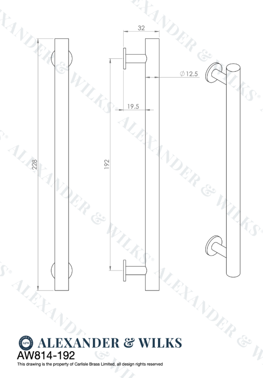 A&W Polished Nickel Round T Bar Cupboard Pull Handle c/c 192mm | AW814-192-PN